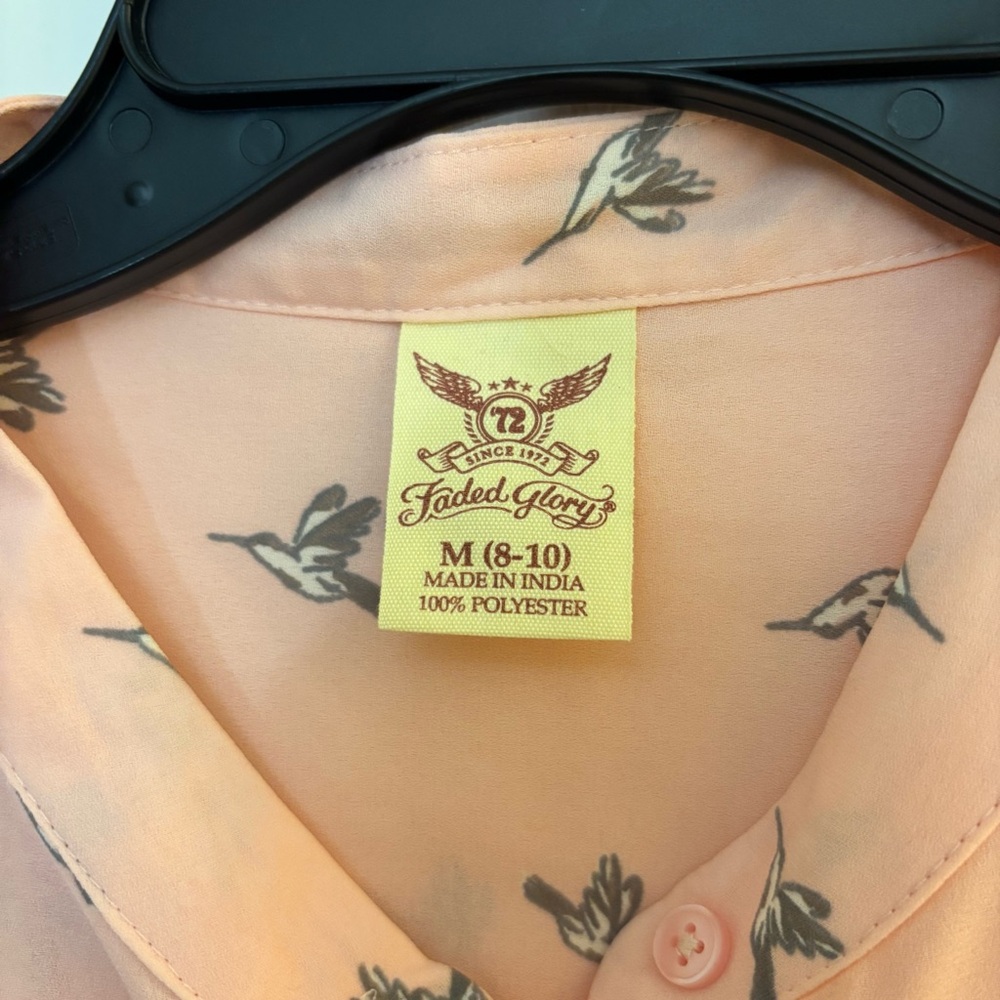 Hummingbird Pattern Pink Faded Glory Sz M long sleeve blouse Boho chic office - Picture 3 of 8